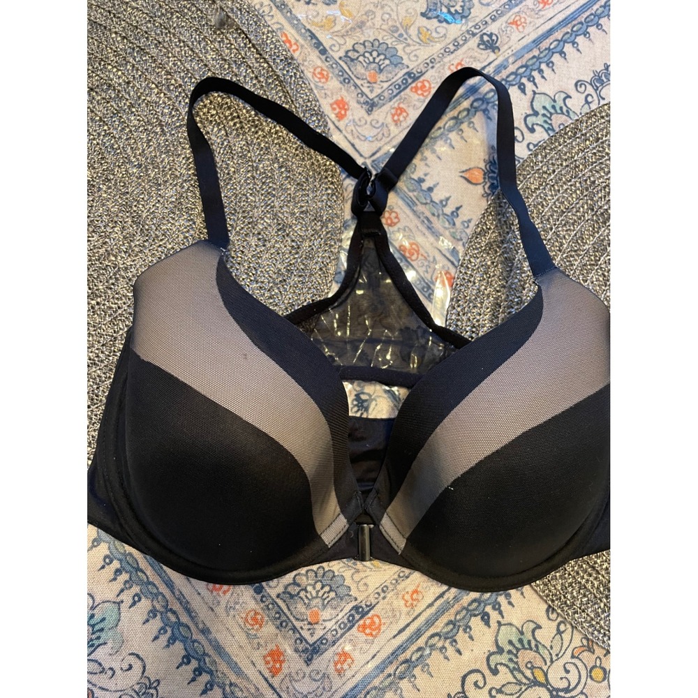 Victorias Secret Racerback Demi Bra Black Gray Front Close 32DDD Underwire Mesh - Picture 1 of 4
